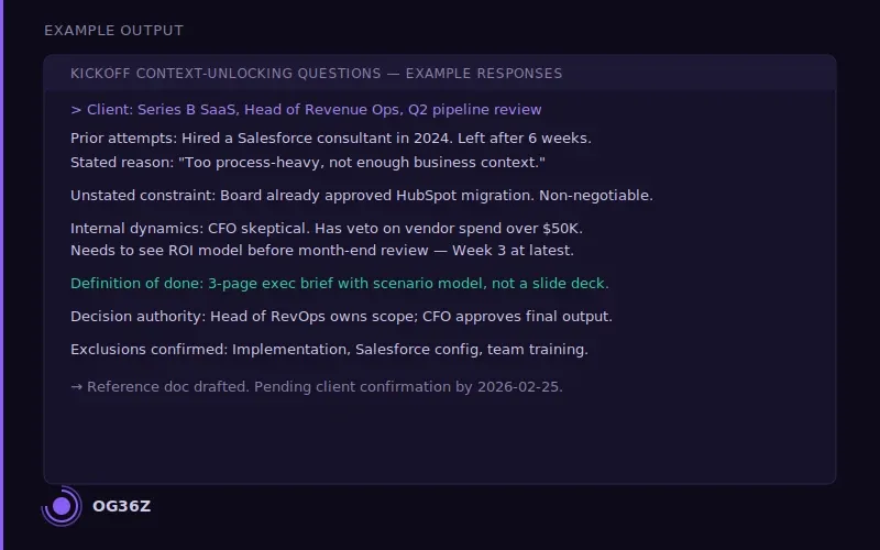 What questions unlock the client context that prevents future misalignment? - og36z